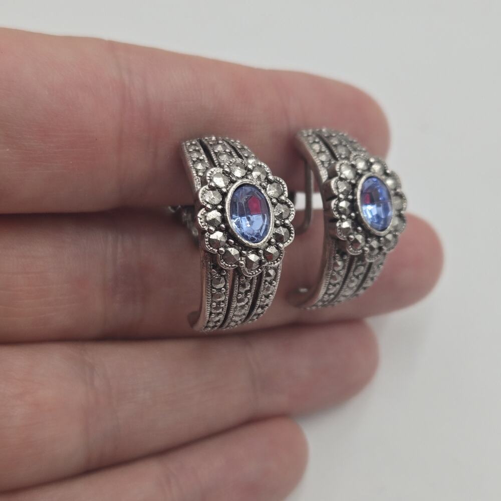 Vintage Avon Silver Tone Half Hoop Blue Jewel Faux Marcasite Clip On Earrings